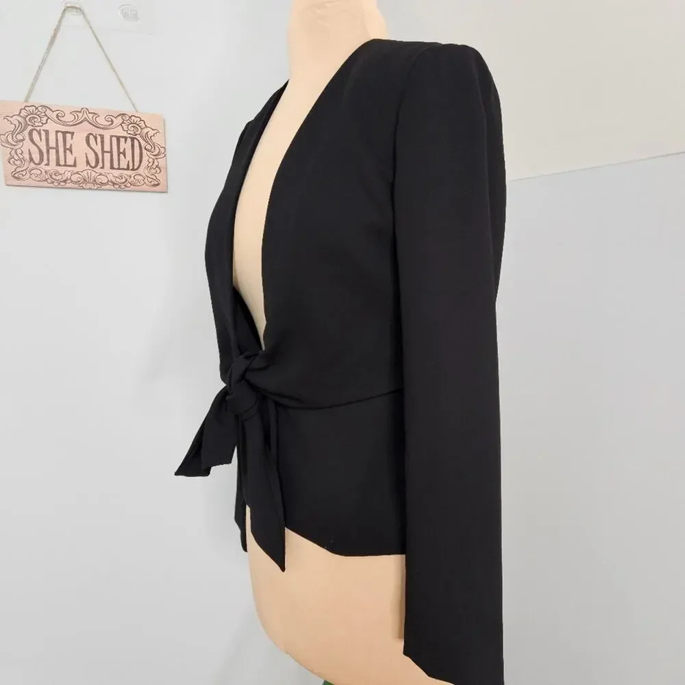 Bloomingdale’s Black Tie Front Blazer Jacket Womens Size 6 Academia Goth Minimal